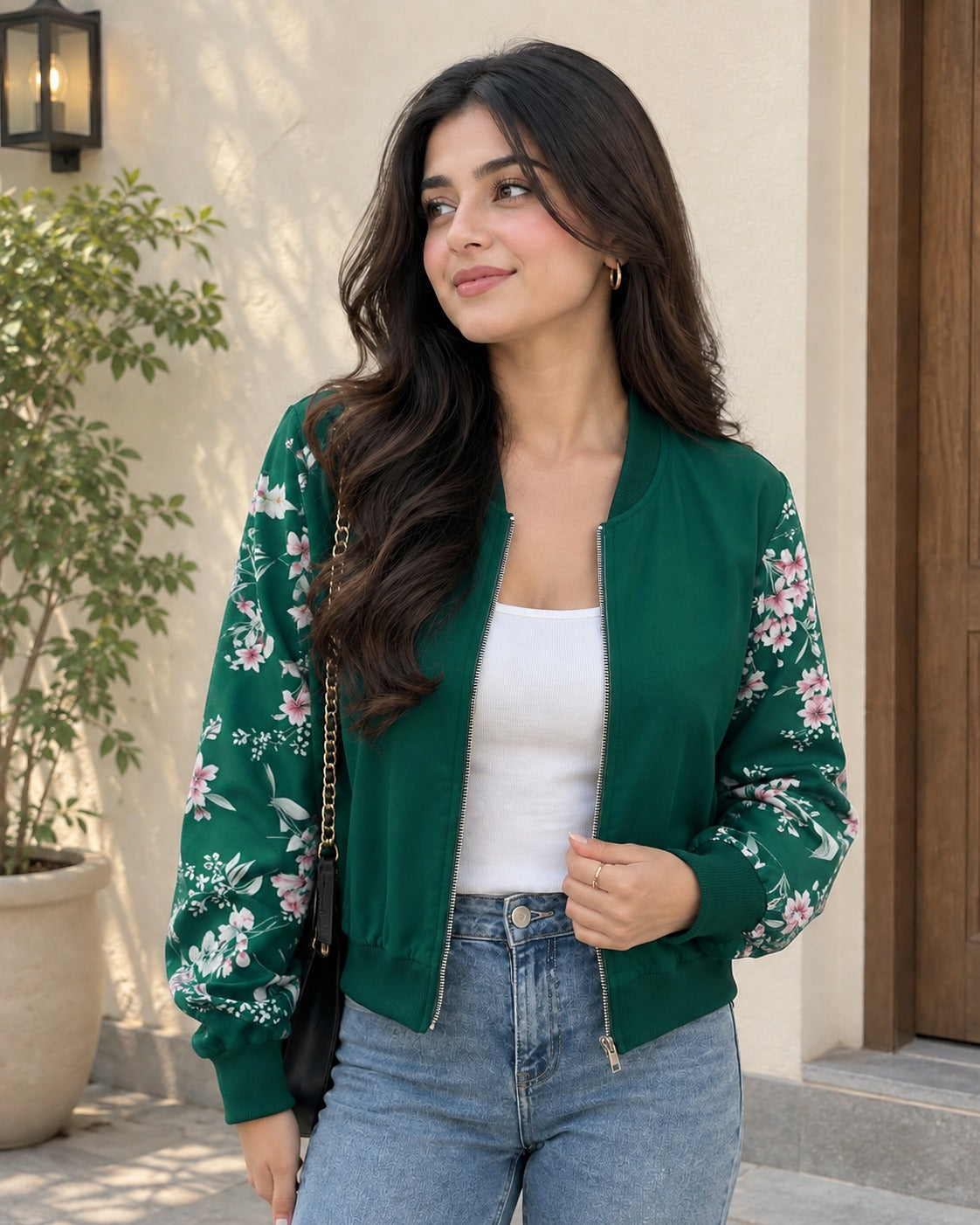 Green Flower Zipper Jacket