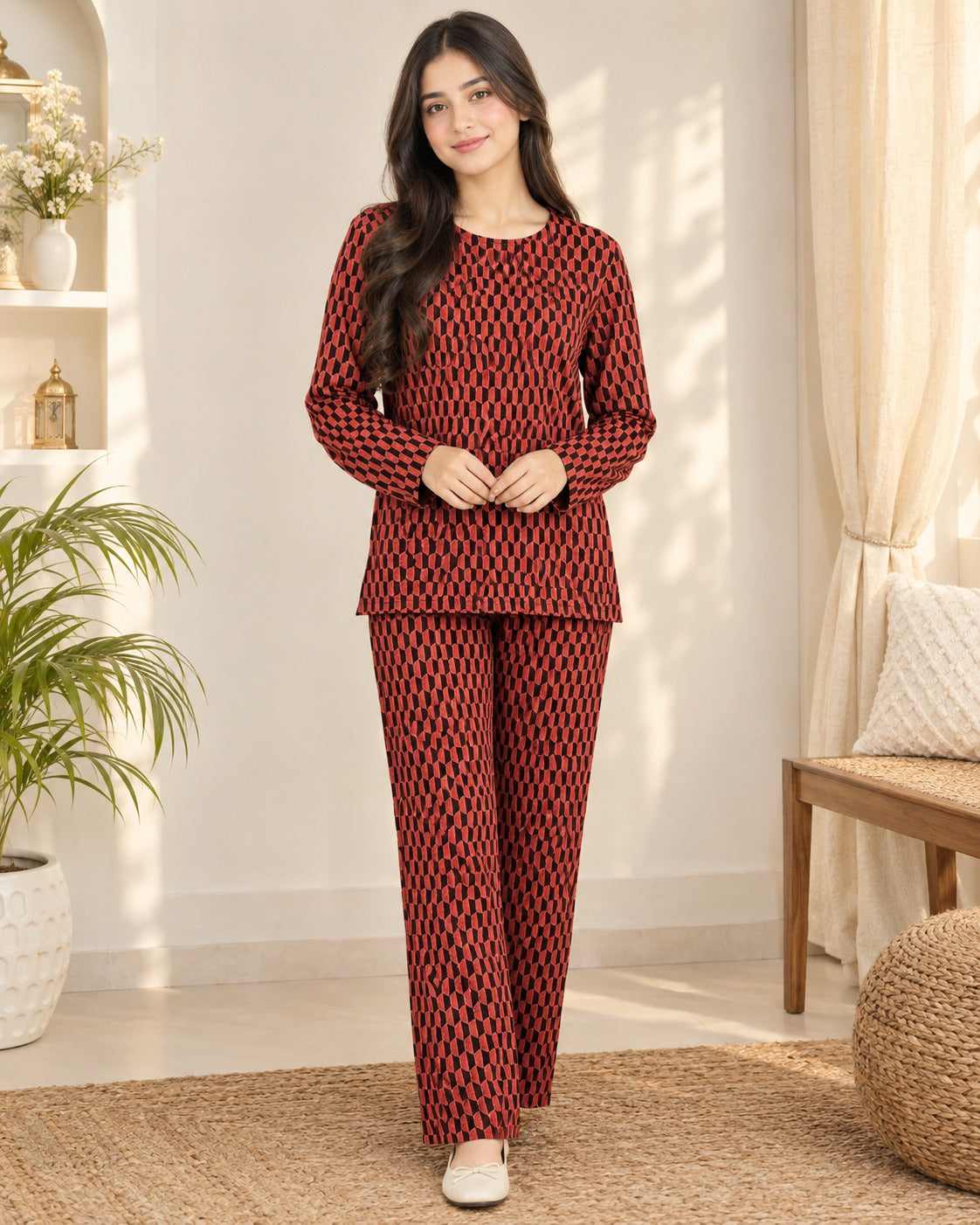 Brown Check Printed 2 Pcs Winter Outfit