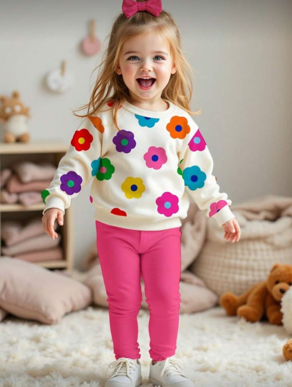 PINK & WHITE MULTI FLOWERS PRINTED WINTER KIDS SWEAT SUIT