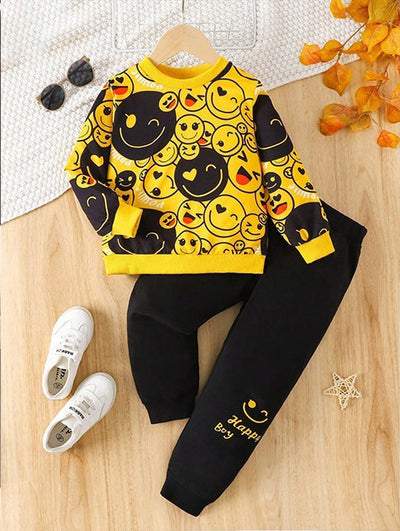 YELLOW & BLACK EMOJI PRINTED WINTER KIDS SWEAT SUIT