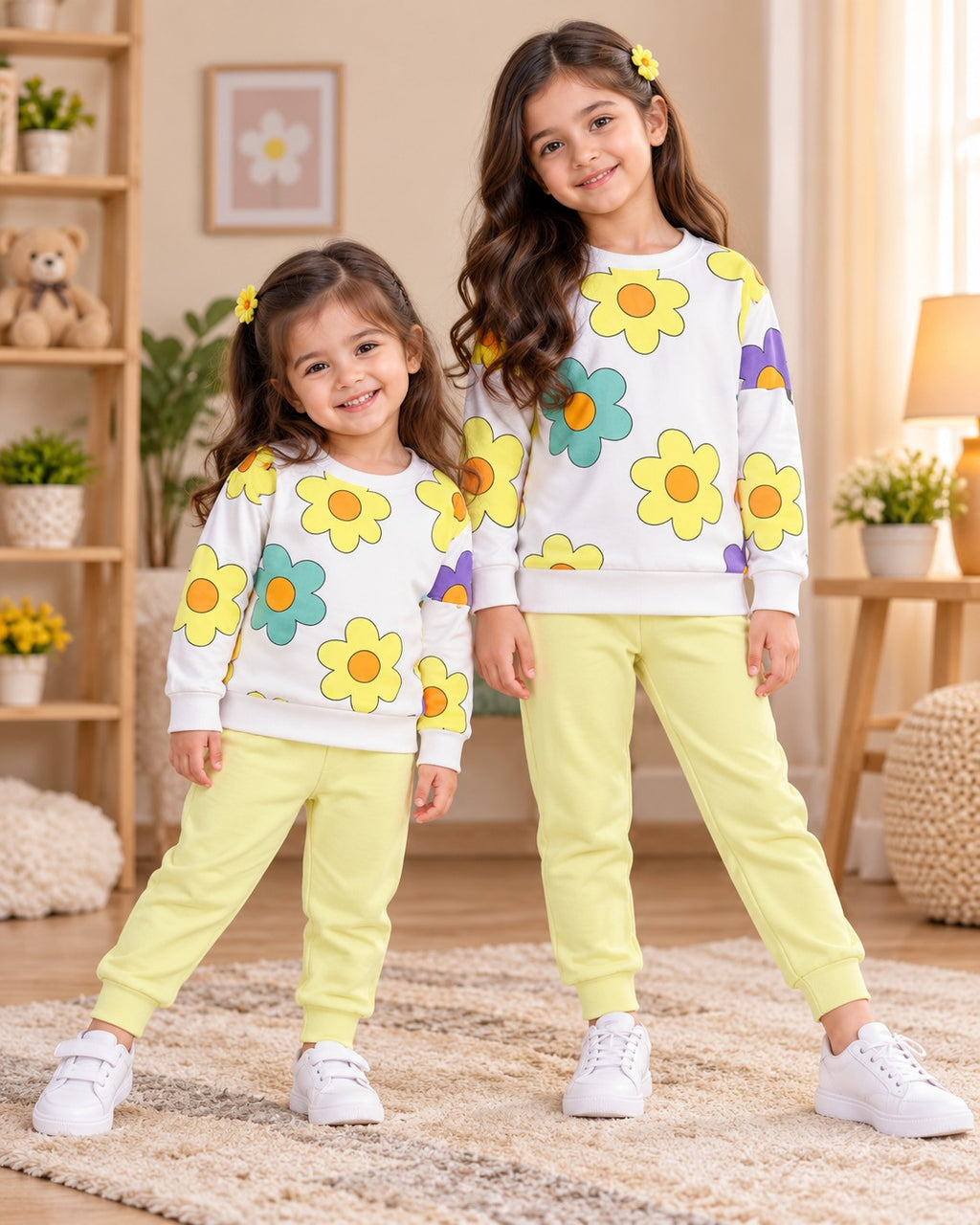 WHITE & YELLOW FLORAL FLOWER PRINTED WINTER KIDS SWEAT SUIT