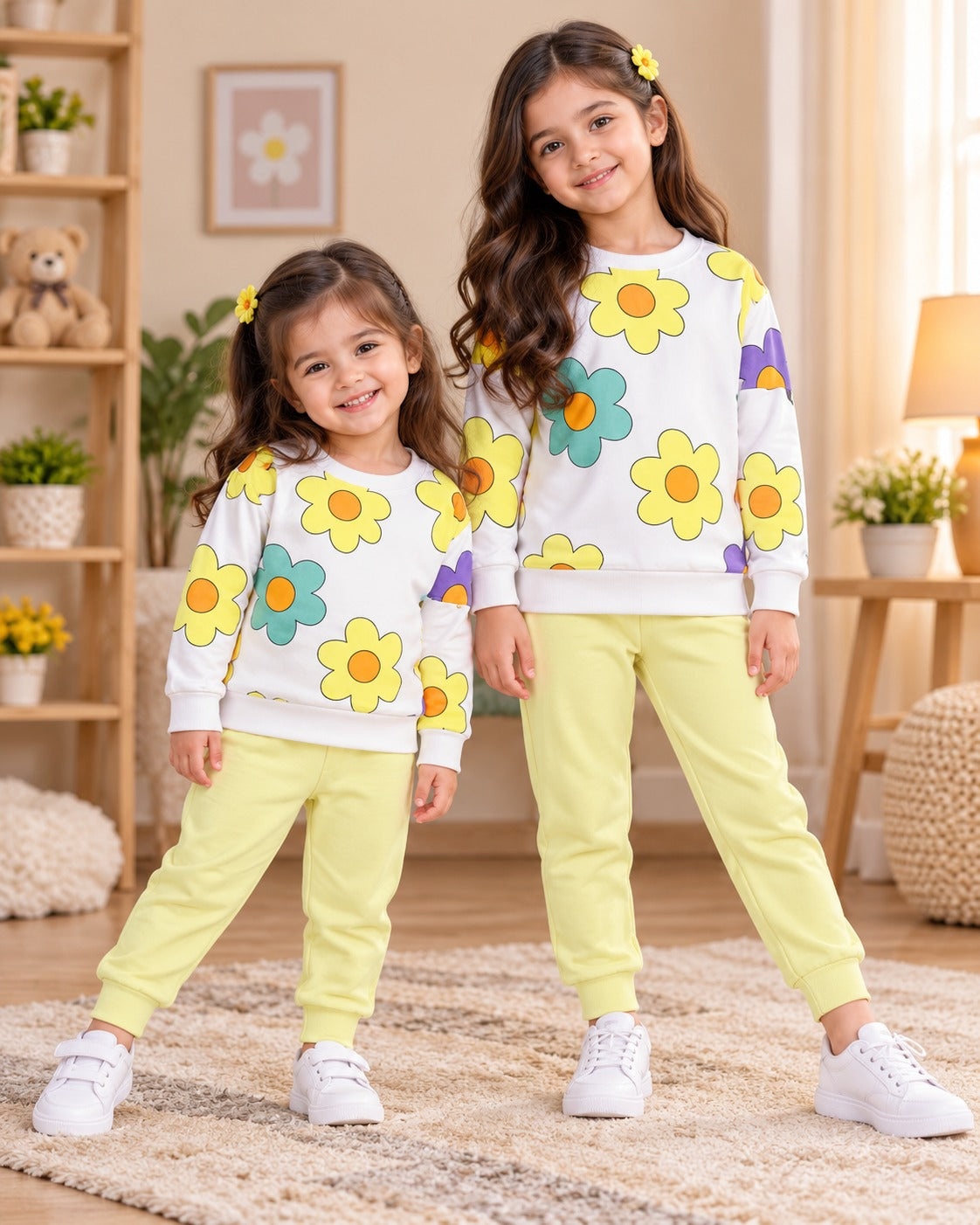 WHITE & YELLOW FLORAL FLOWER PRINTED WINTER KIDS SWEAT SUIT