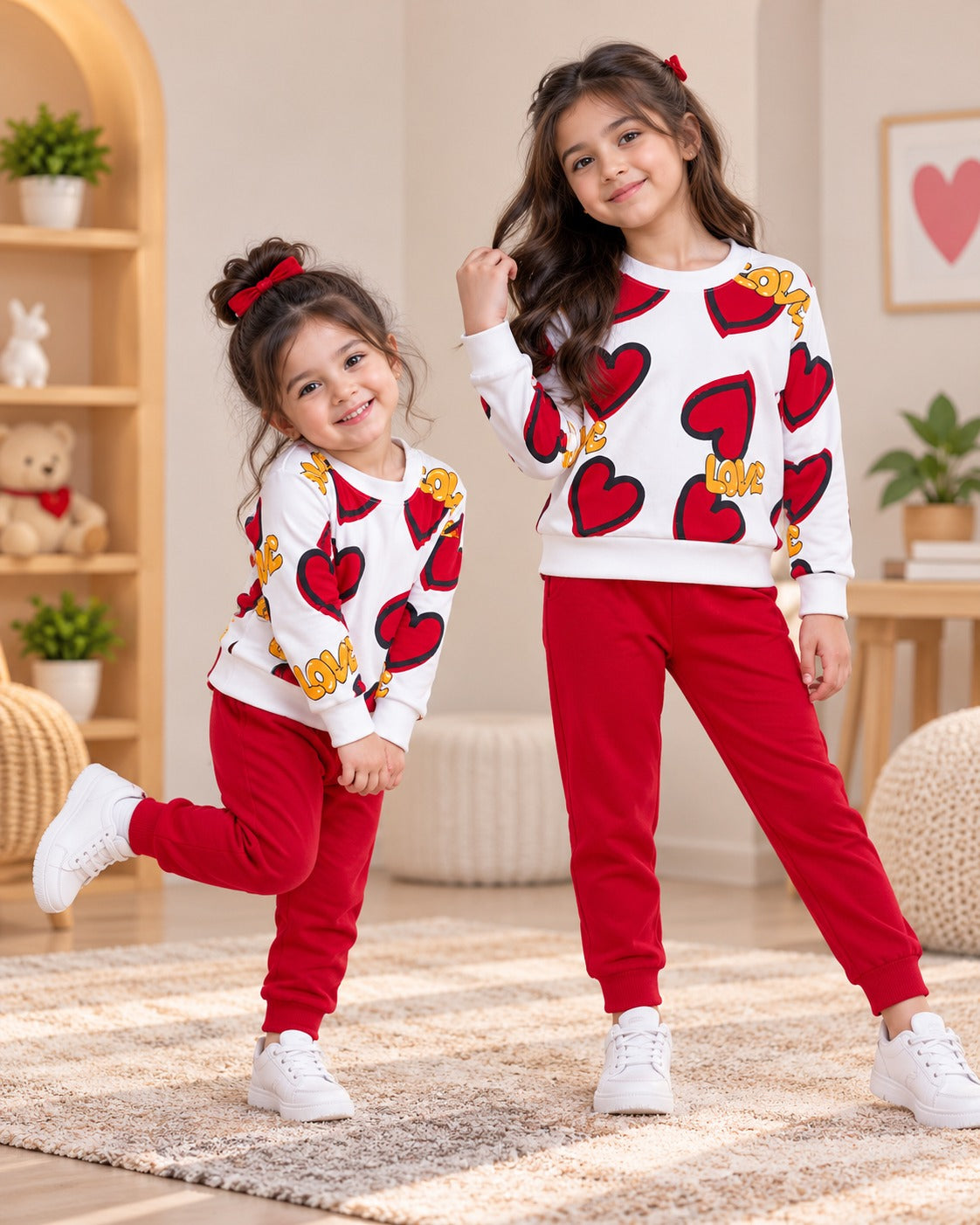 RED & WHITE LOVE PRINTED WINTER KIDS SWEAT SUIT