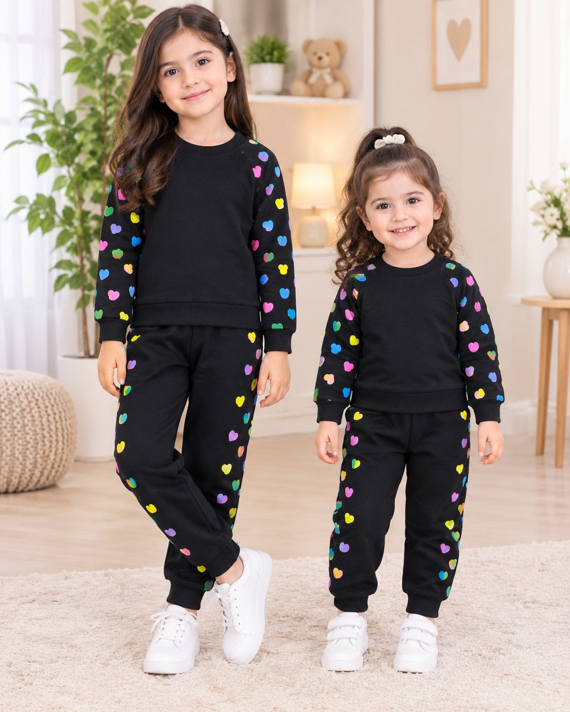 BLACK MULTI HEARTS SIDE PRINTED WINTER KIDS SWEAT SUIT