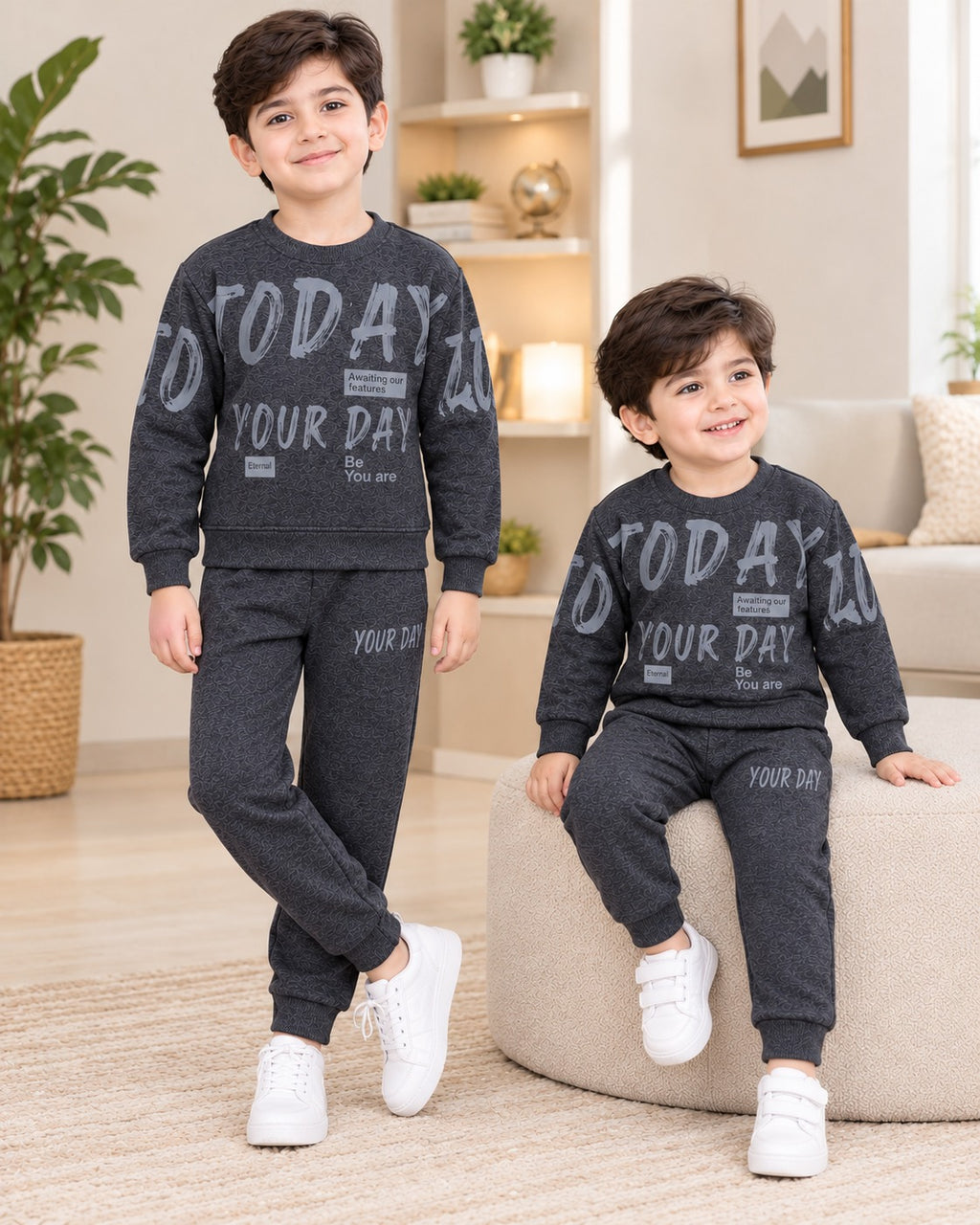 GREY YOUR DAY PRINTED WINTER KIDS SWEAT SUIT