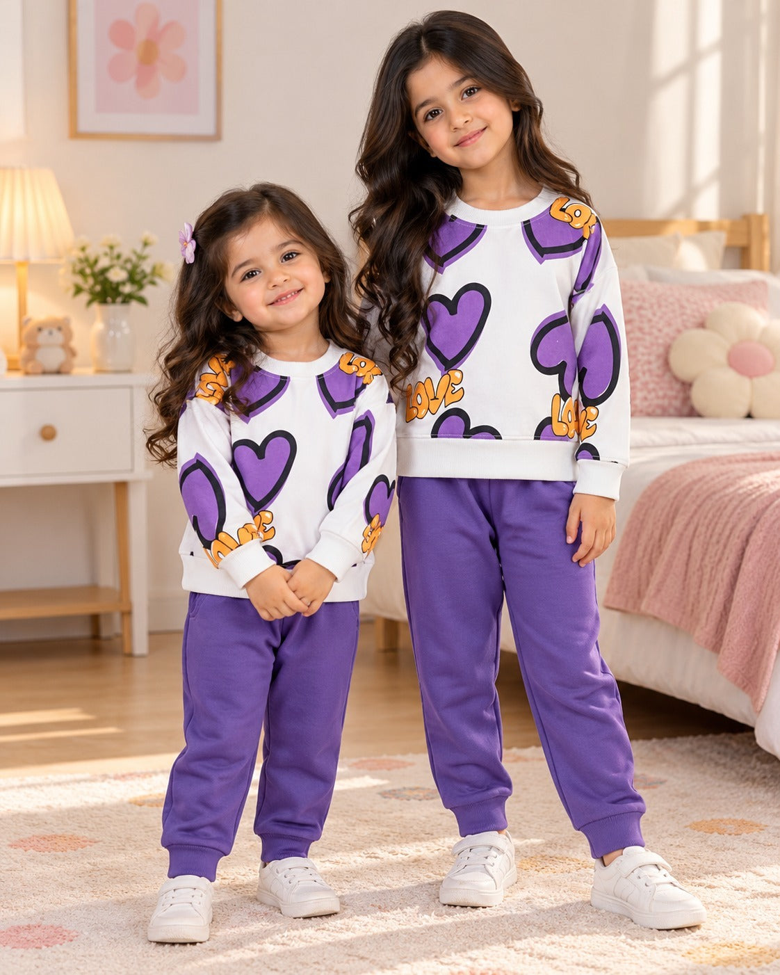 PURPLE & WHITE LOVE PRINTED WINTER KIDS SWEAT SUIT