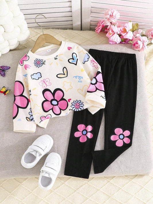HEARTS & FLOWERS PRINTED WINTER KIDS SWEAT SUIT