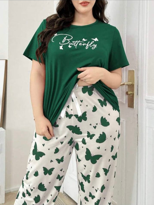 Green Butterfly Printed Women Pj Set