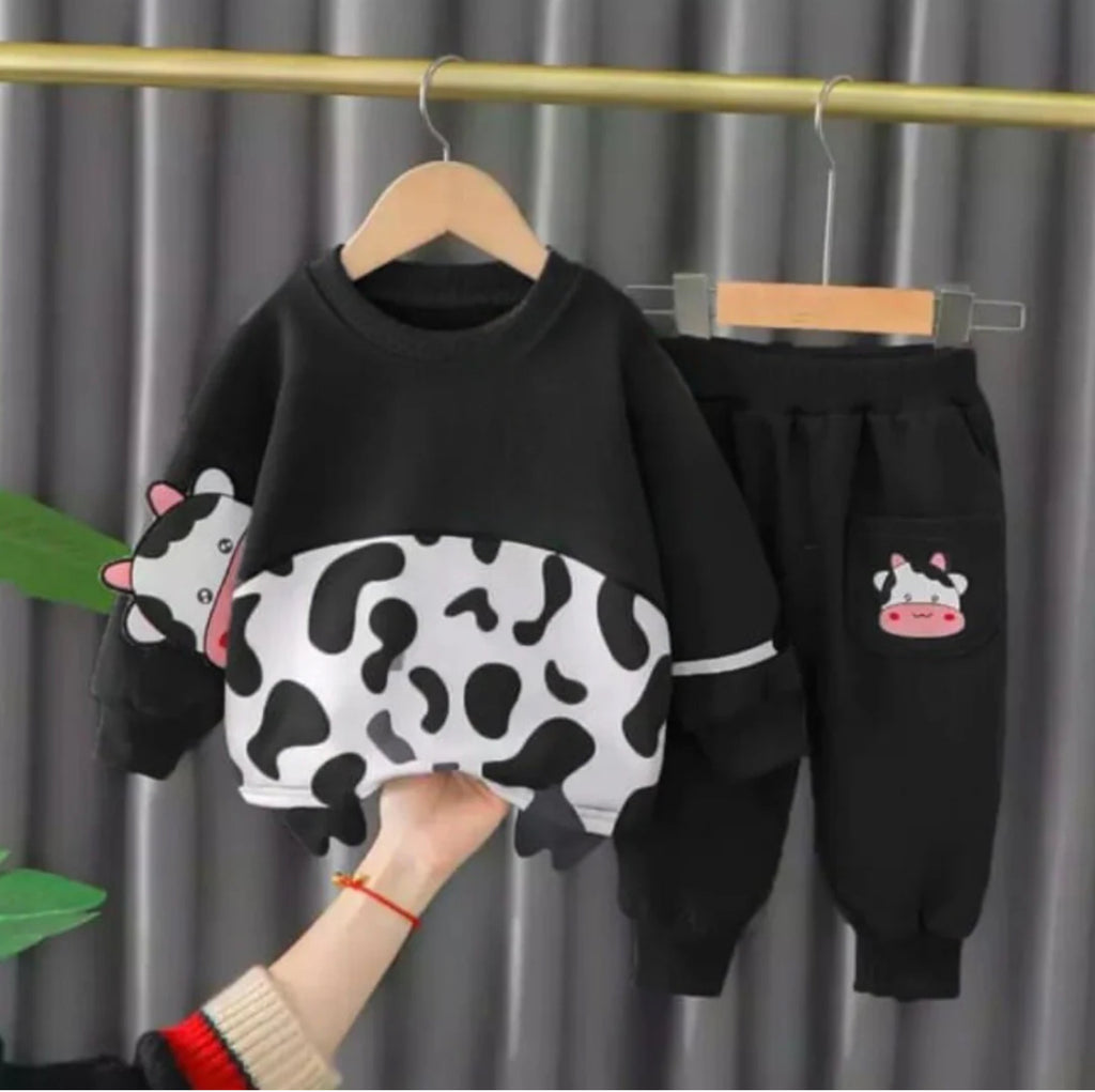 BLACK MOO PRINTED WINTER KIDS SWEAT SUIT