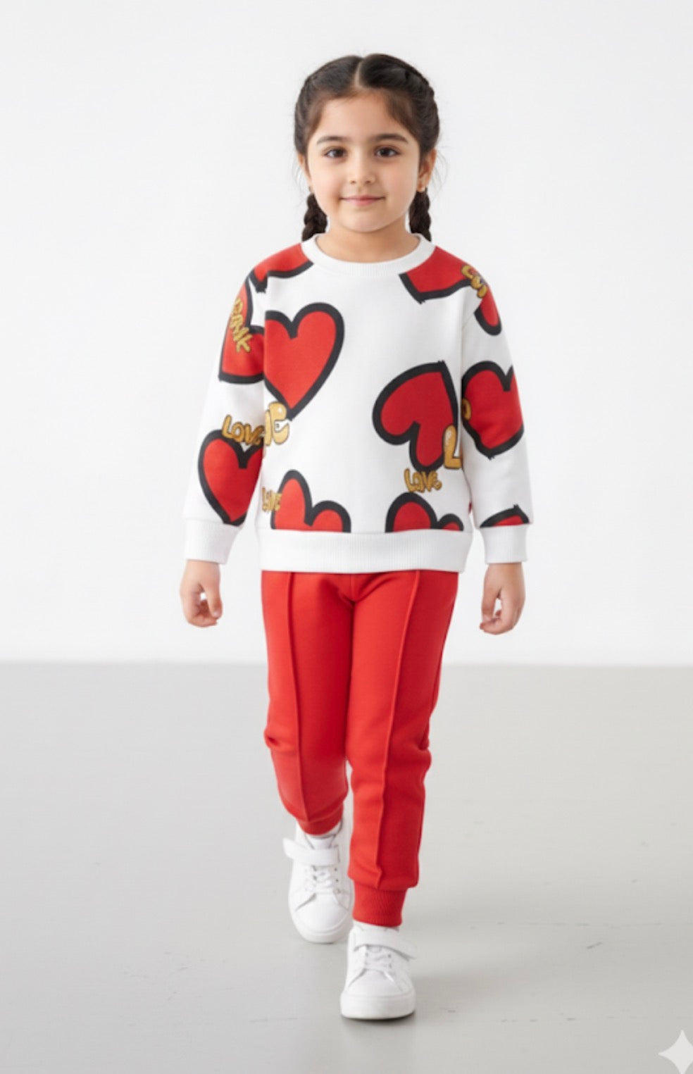RED & WHITE HEART PRINTED WINTER KIDS SWEAT SUIT