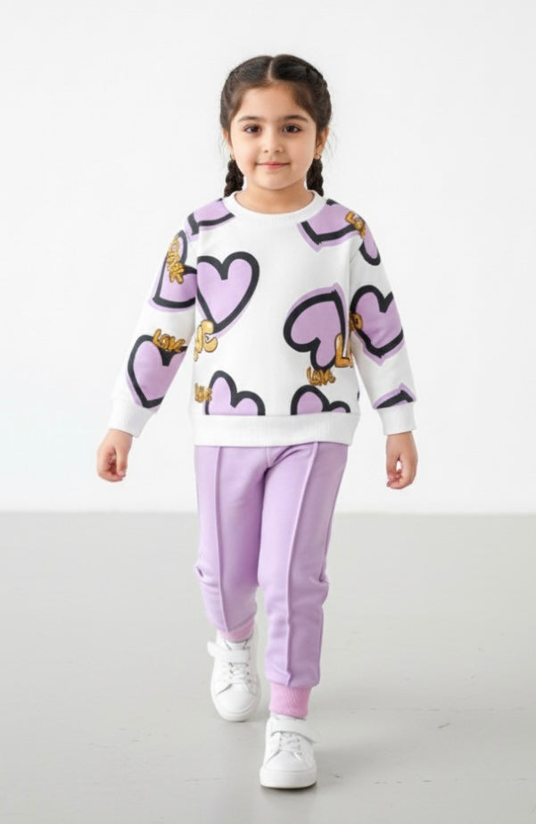 PURPLE & WHITE HEART PRINTED WINTER KIDS SWEAT SUIT