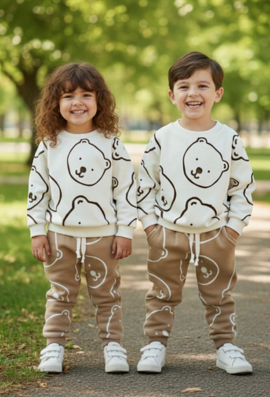 WHITE & SKIN BEAR PRINTED WINTER KIDS SWEAT SUIT