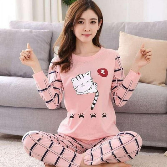Pink Kitty Printed Women Pj Set