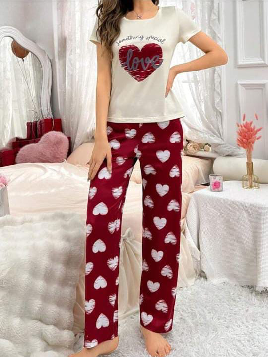 White & Maroon Love Printed Women Pj Set