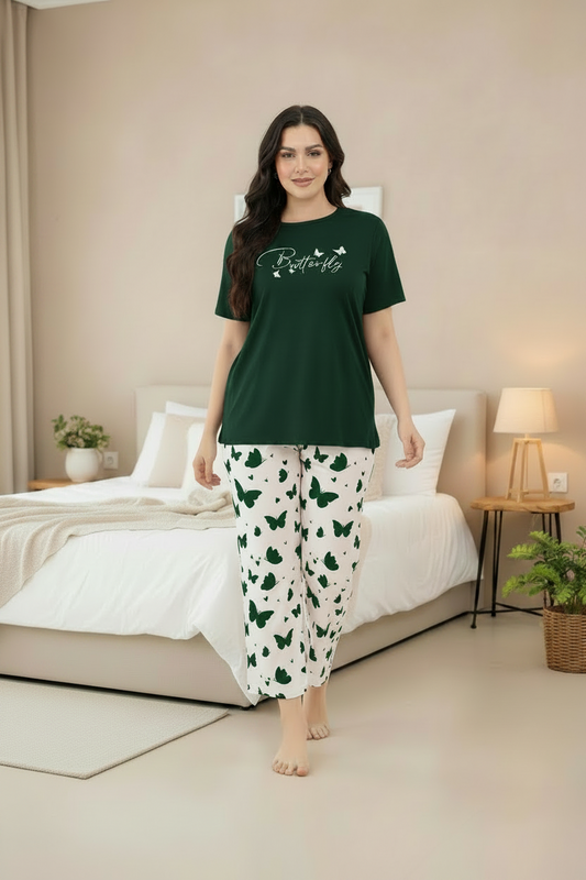Green Butterfly Printed Women Pj Set