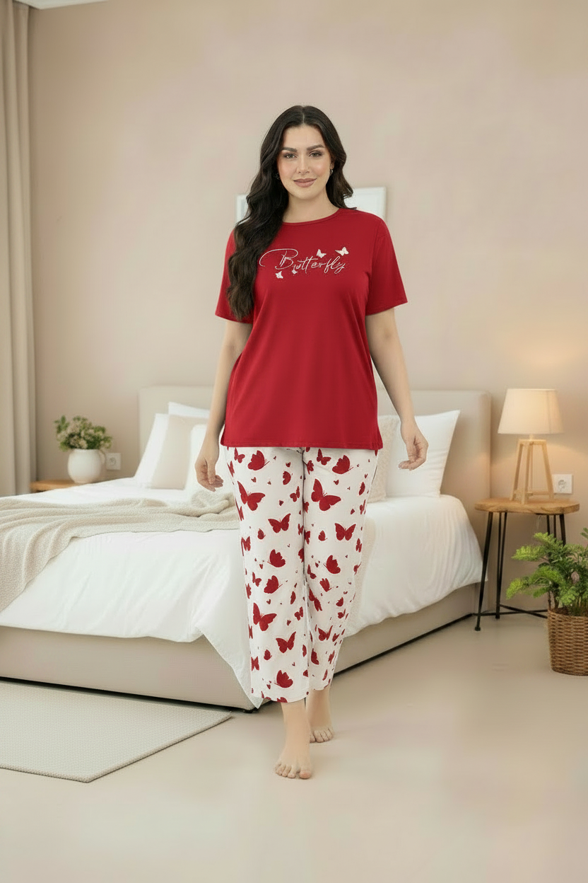 Red Butterfly Printed Women Pj Set