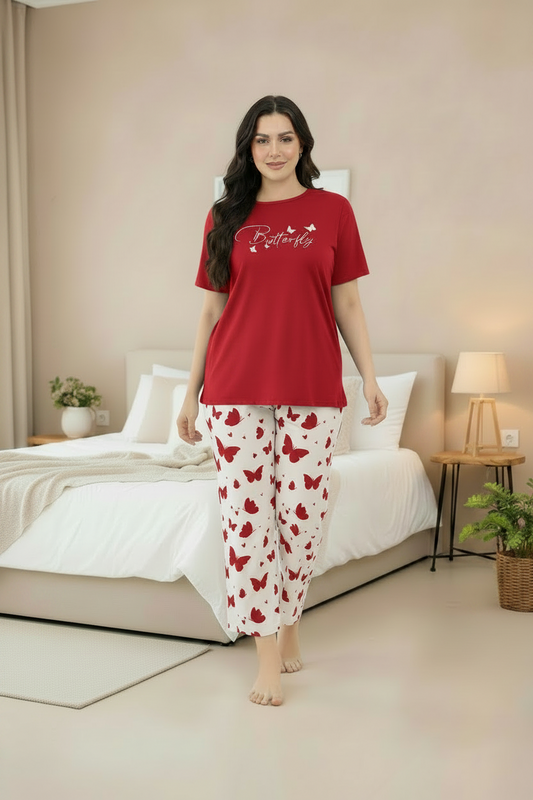 Red Butterfly Printed Women Pj Set