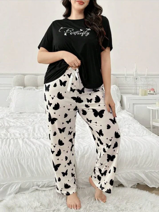 Black Butterfly Printed Women Pj Set