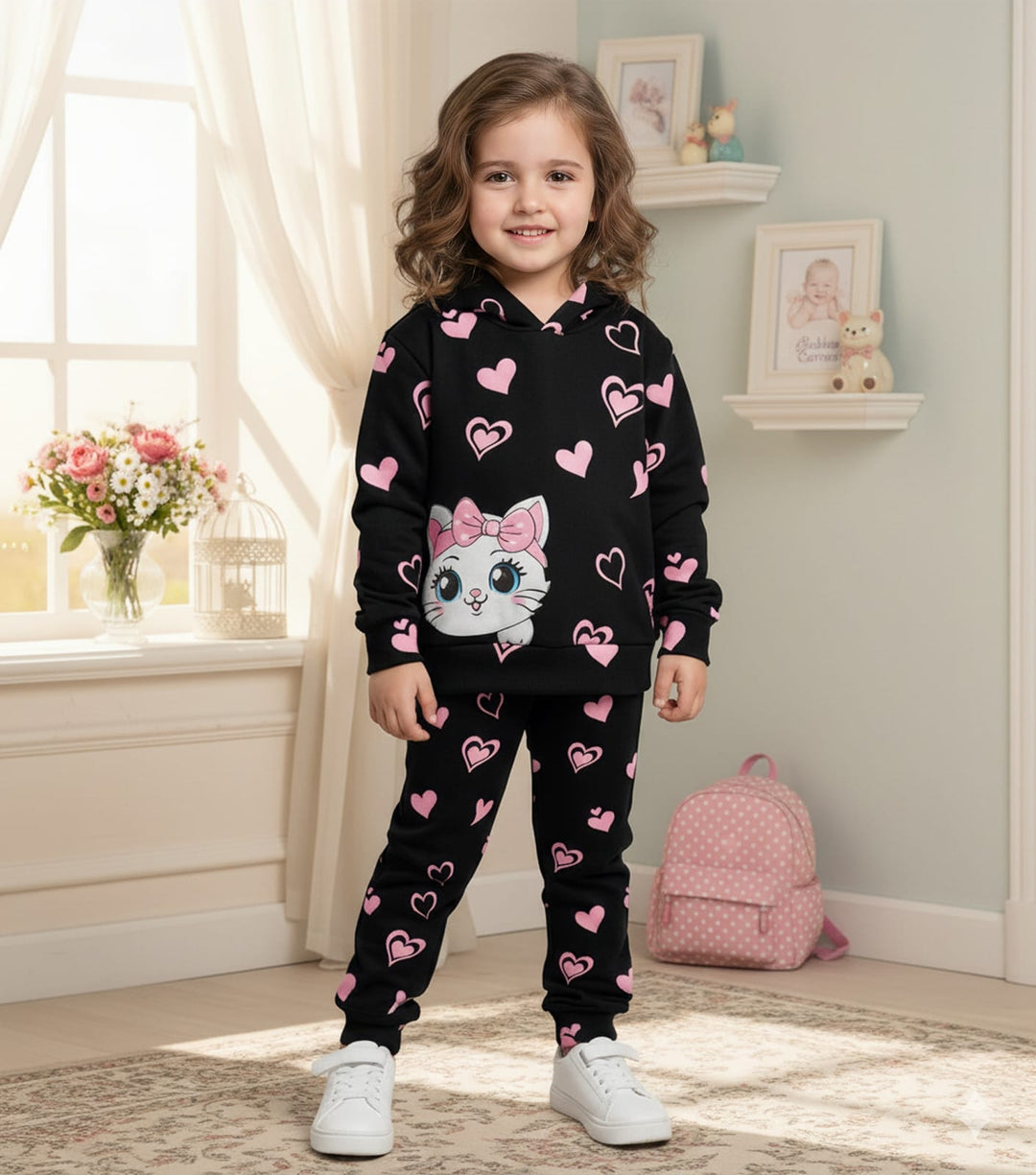 BLACK KITTY PRINTED WINTER KIDS HOODIE SUIT