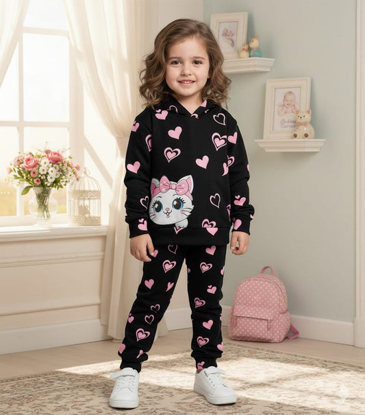 BLACK KITTY PRINTED WINTER KIDS HOODIE SUIT