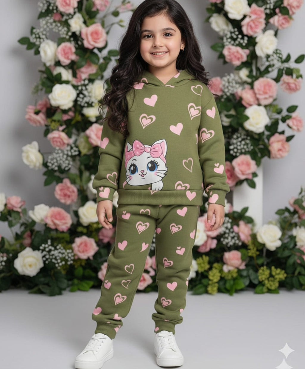 GREEN KITTY PRINTED WINTER KIDS HOODIE SUIT