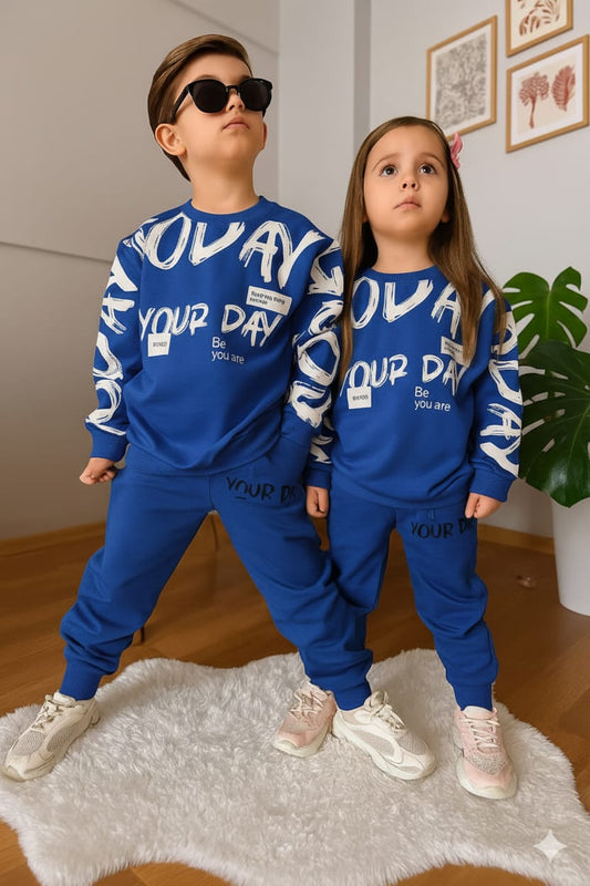 BLUE YOUR DAY PRINTED WINTER KIDS SWEAT SUIT