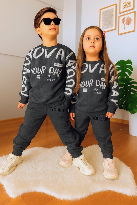 GREY YOUR DAY PRINTED WINTER KIDS SWEAT SUIT