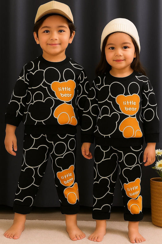 BLACK LITTLE BEAR PRINTED WINTER KIDS SWEAT SUIT
