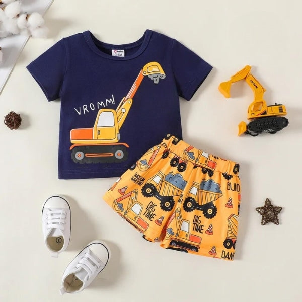 Blue Excavator Printed Short Sleeve Kids Wear