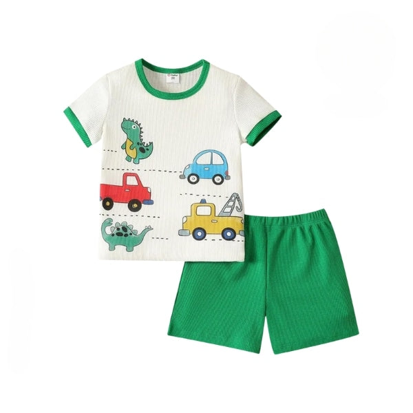 White & Green Cars Printed Short Sleeve Kids Wear