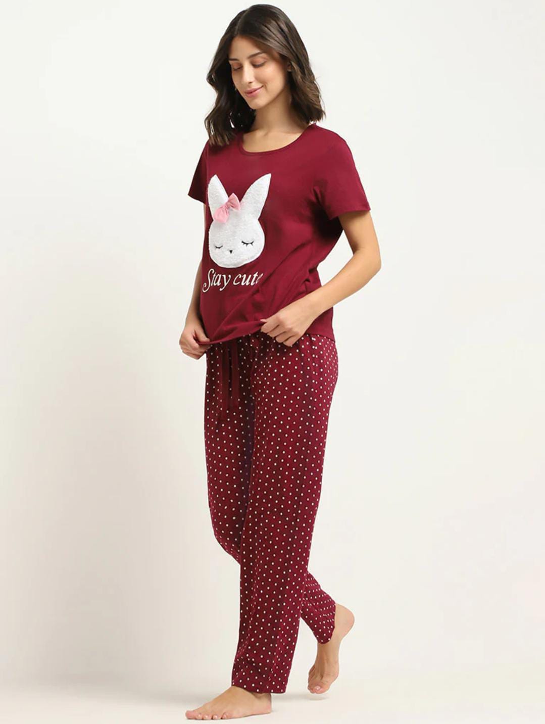 Maroon Stay Cute Printed Women Pj Set