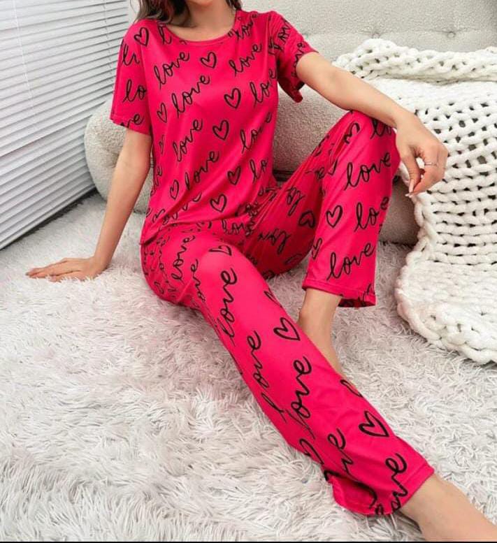 Pink Love & Heart Printed Women Pj Set