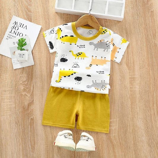 White & Yellow Dinosaurs Printed Short Sleeve Kids Wear