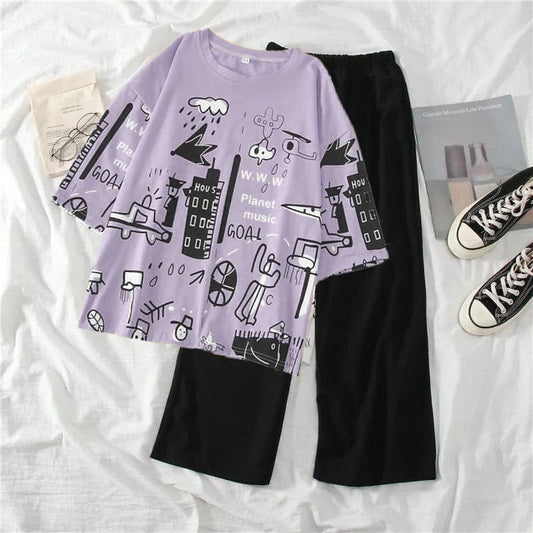 Purple & Black Art Printed Women Pj Set