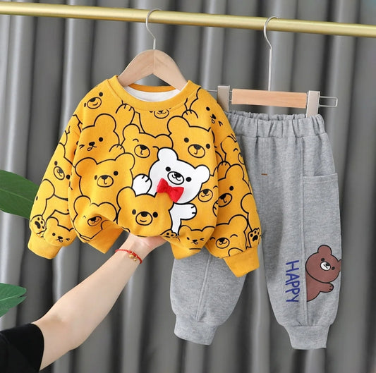 YELLOW TEDDY PRINTED WINTER KIDS SWEAT SUIT