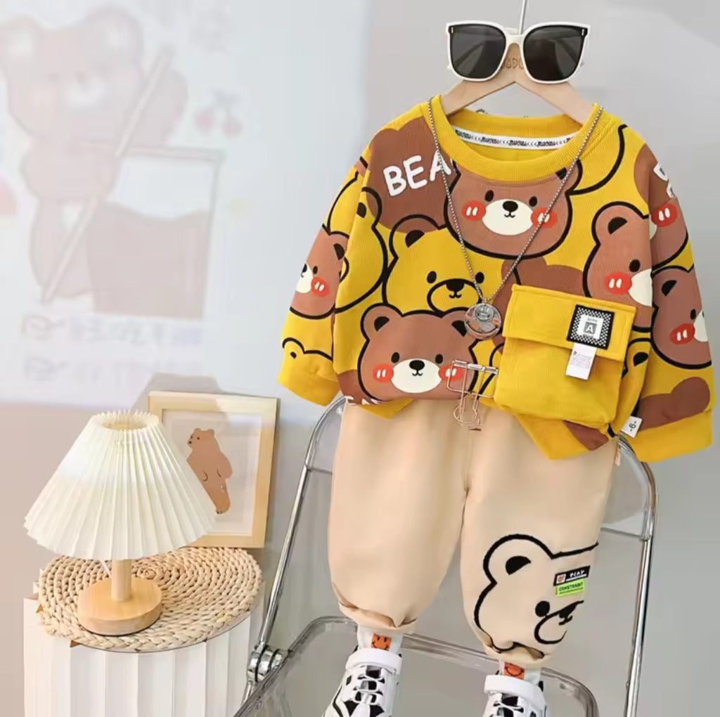 YELLOW BEAR PRINTED WINTER KIDS SWEAT SUIT