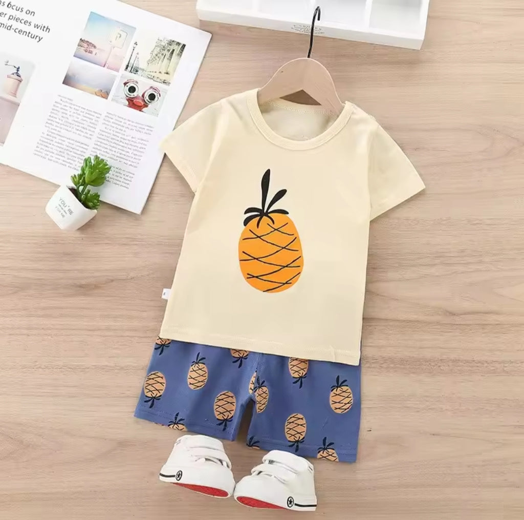 Yellow & Blue Pineapple Printed Short Sleeve Kids Wear