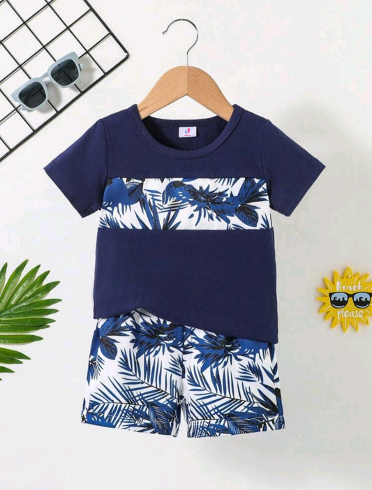 Blue Leaf Printed Short Sleeve Kids Wear