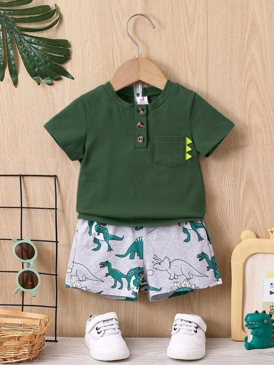 Green & Grey Dinosaur Printed Short Sleeve Kids Wear