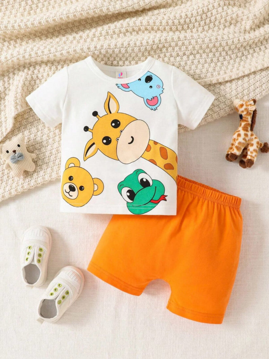 White & Orange Animals Printed Short Sleeve Kids Wear