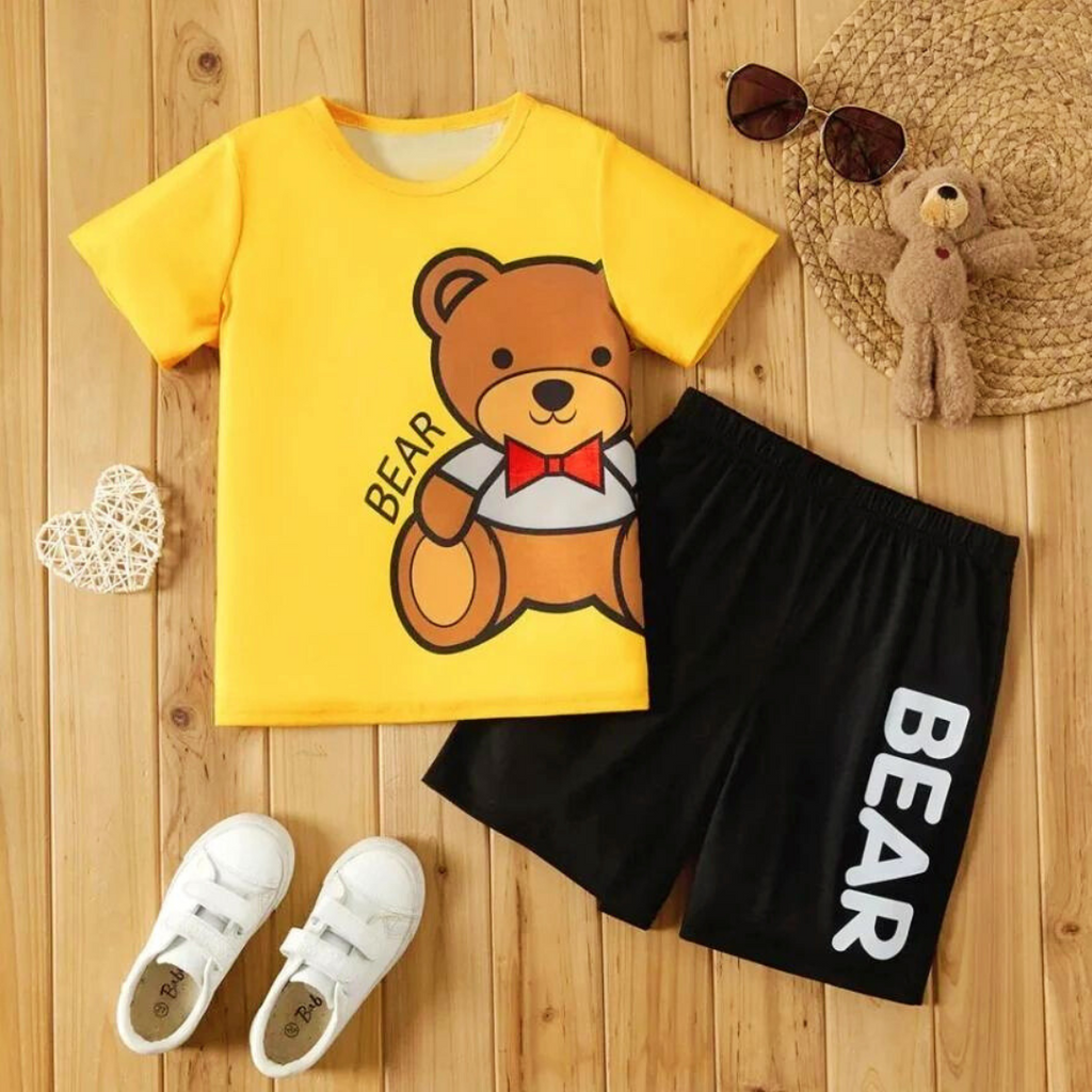 Yellow & Black Bear Printed Short Sleeve Kids Wear