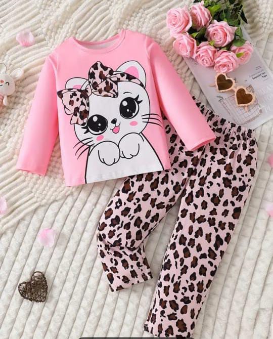 Pink Kitty With Cheetah Printed Pajama Kids Wear