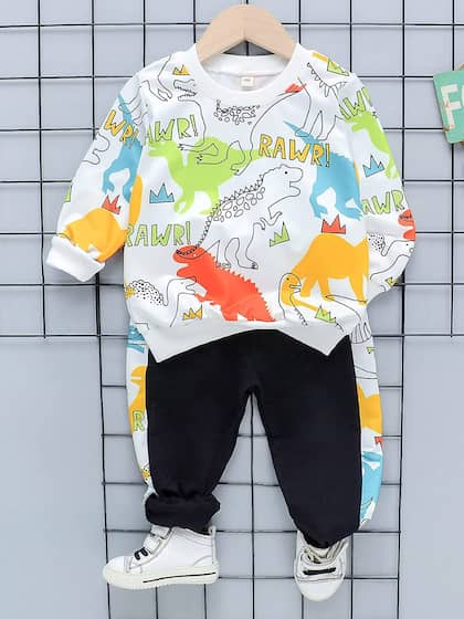 WHITE DINOSAUR PRINTED WINTER KIDS SWEAT SUIT