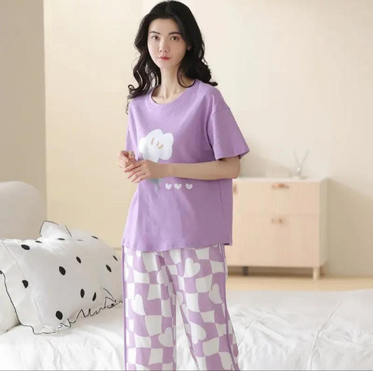 Purple & White Hearts Printed Women Pj Set