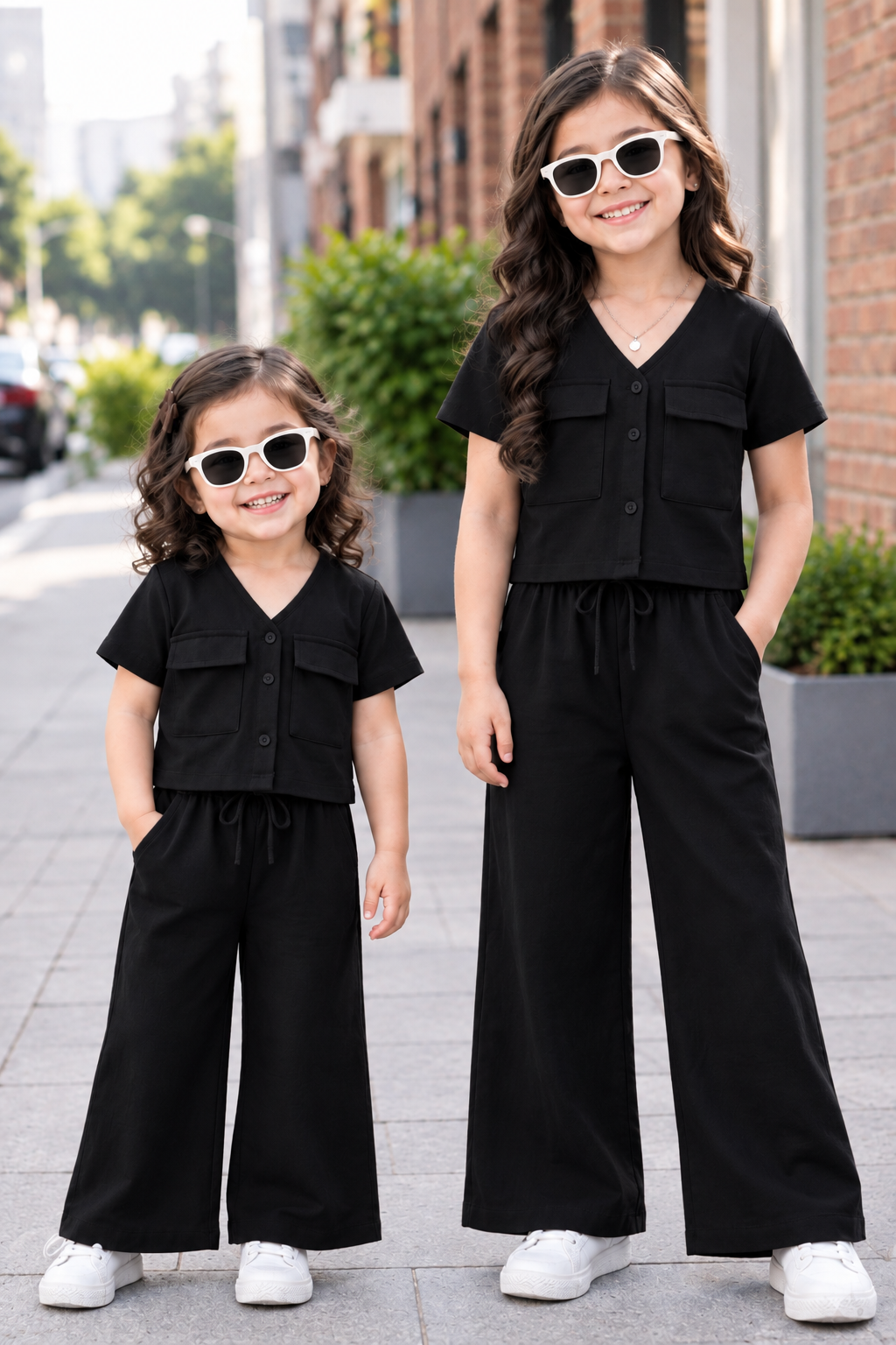 Black V Neck Button Style Kids Wear