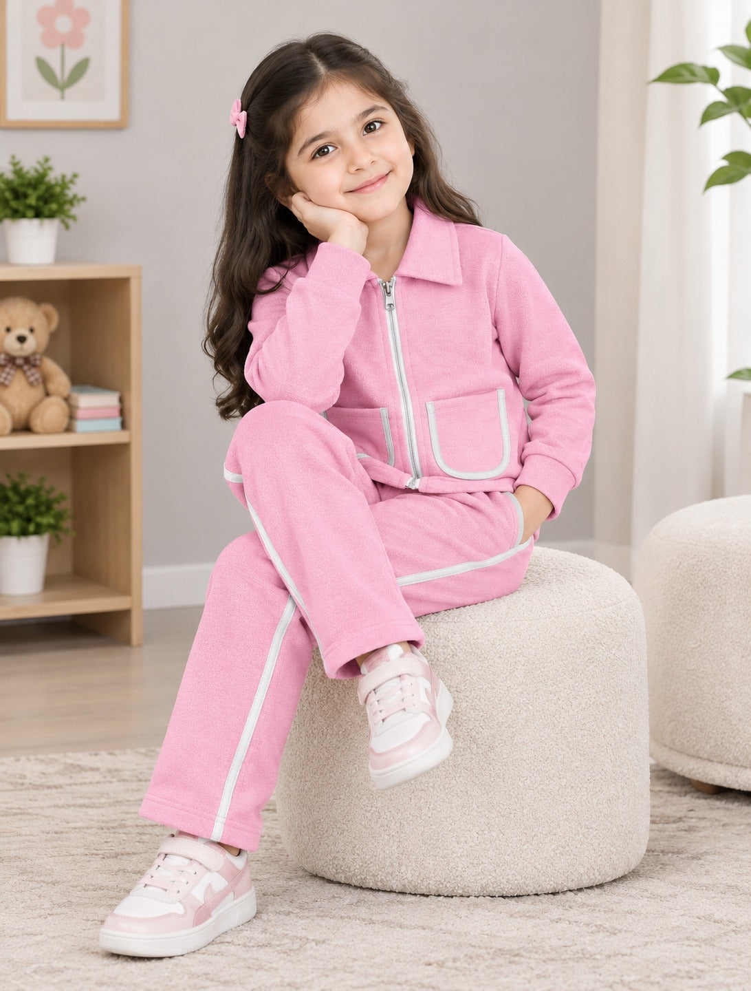 PINK POCKET STRIPE WINTER KIDS SWEAT SUIT