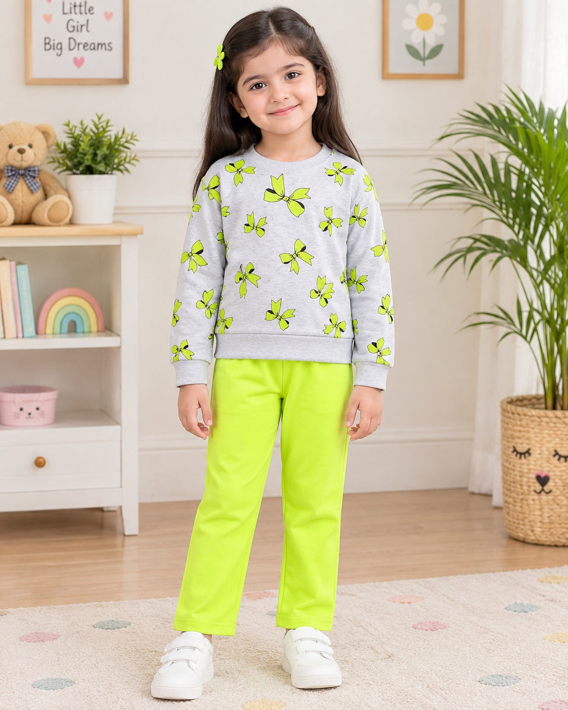 GREY & NEON RIBBON PRINTED WINTER KIDS SWEAT SUIT