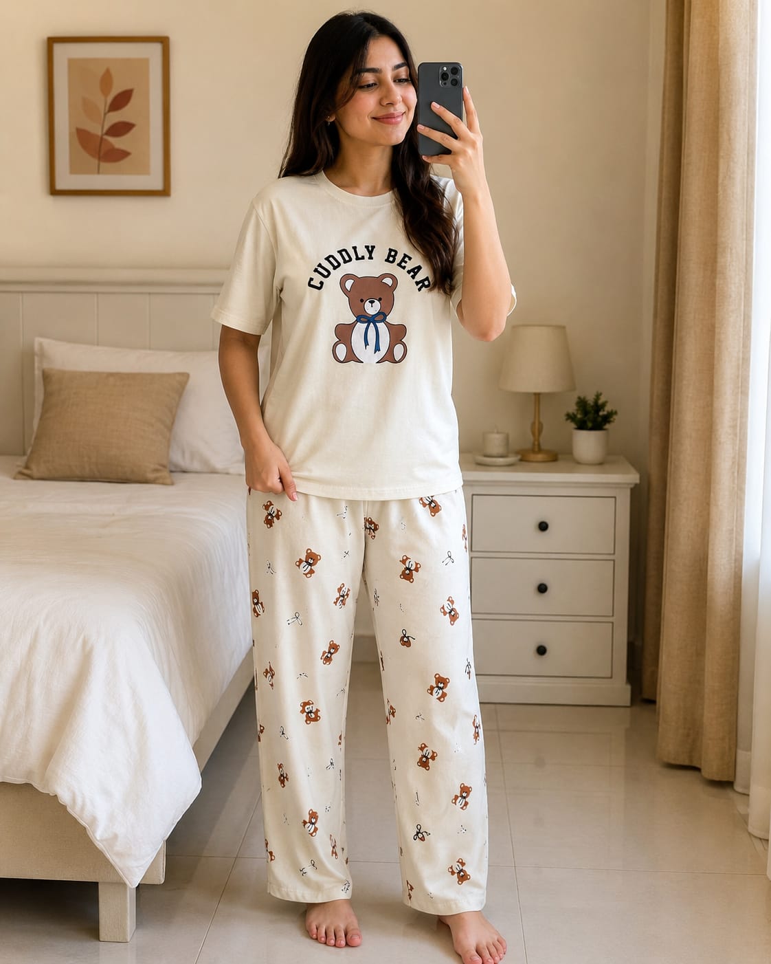 Off White Cuddly Bear Printed Women Pj Set