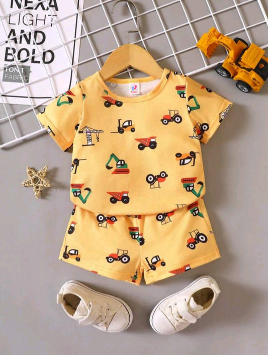 Yellow Car Printed Short Sleeve Kids Wear