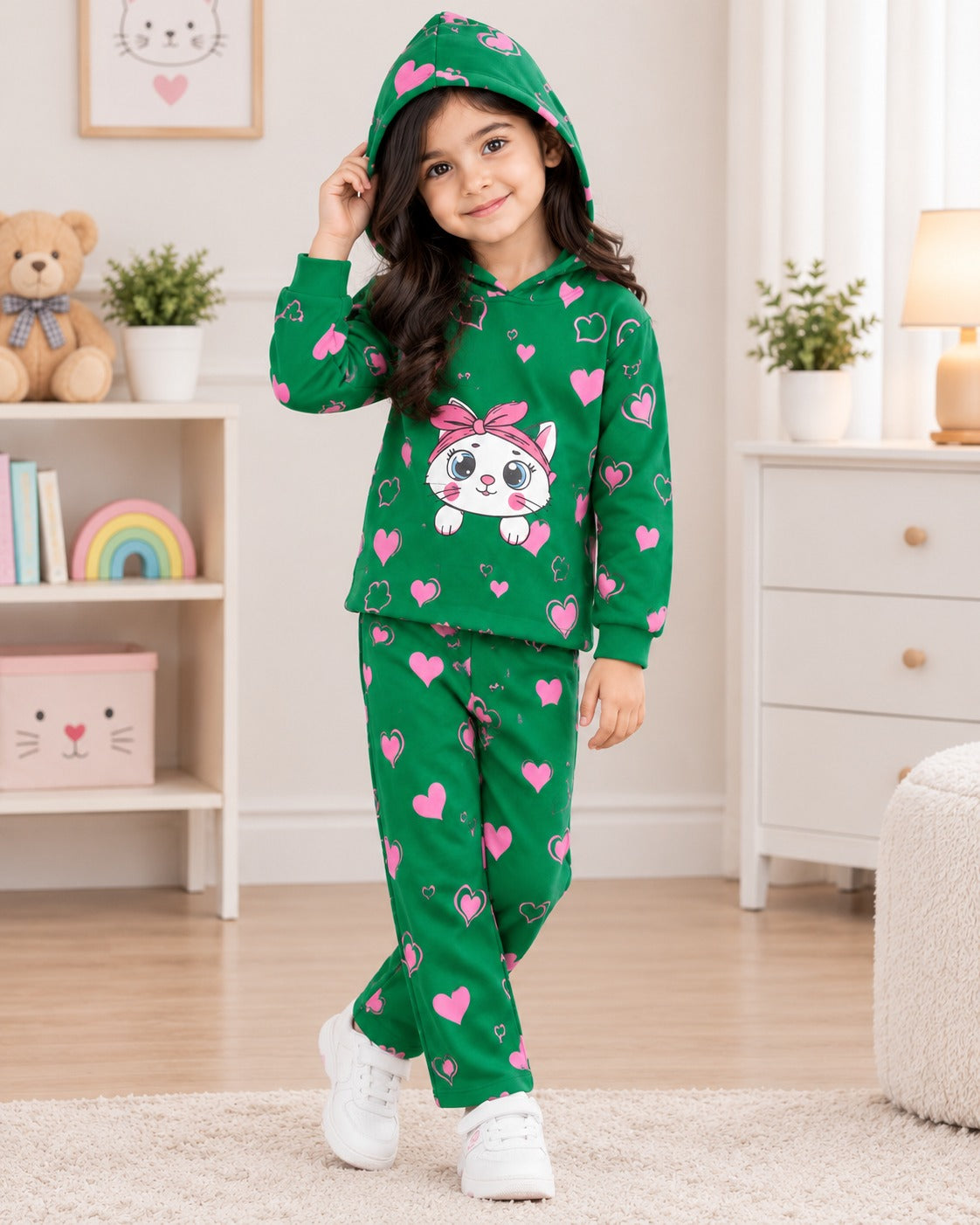 GREEN KITTY PRINTED WINTER KIDS HOODIE SUIT